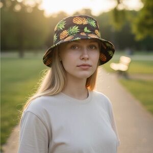 Pineapple Print Bucket Hat - Black with Yellow Pineapples